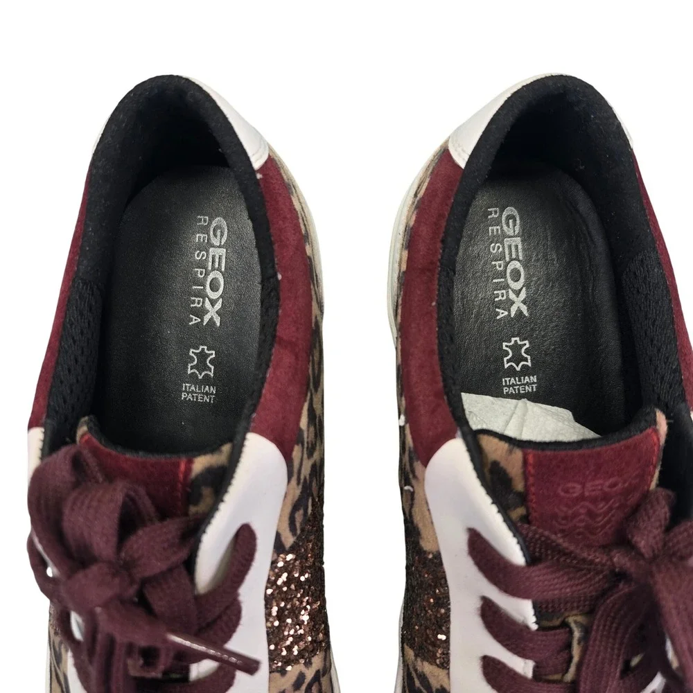 Geox Respira Womens Leopard Print Glitter Fashion Sneakers Maroon White Size 10 - Picture 5 of 7